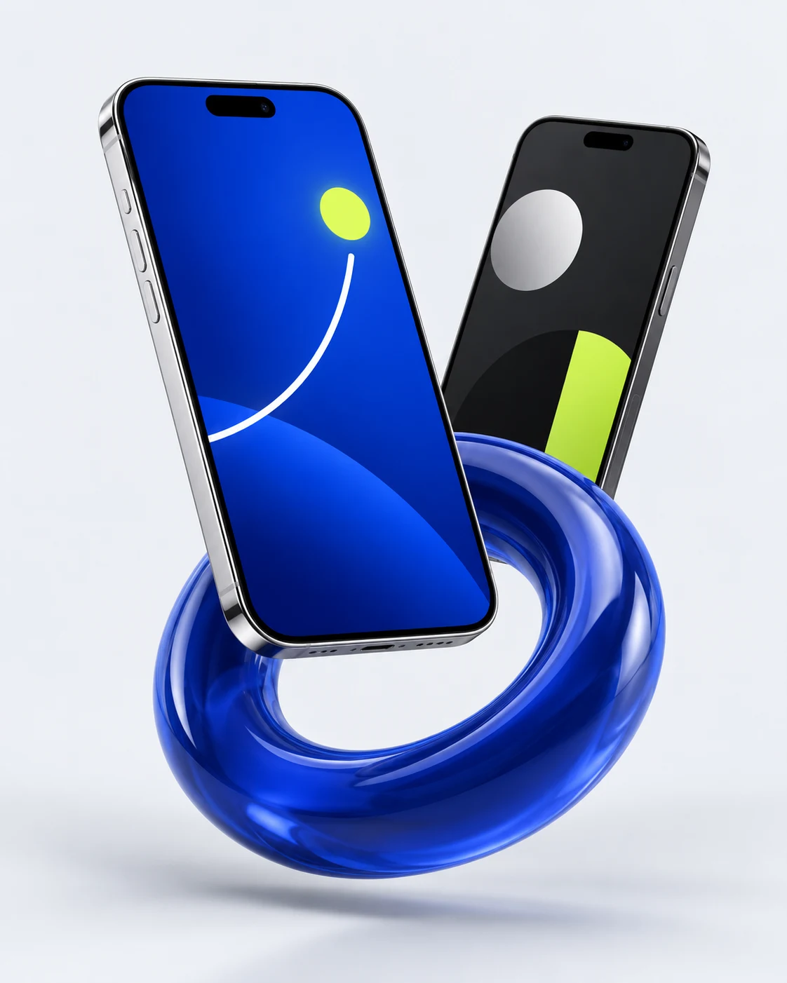 Two floating smartphones with blue and lime graphics, framed by a cobalt blue ring